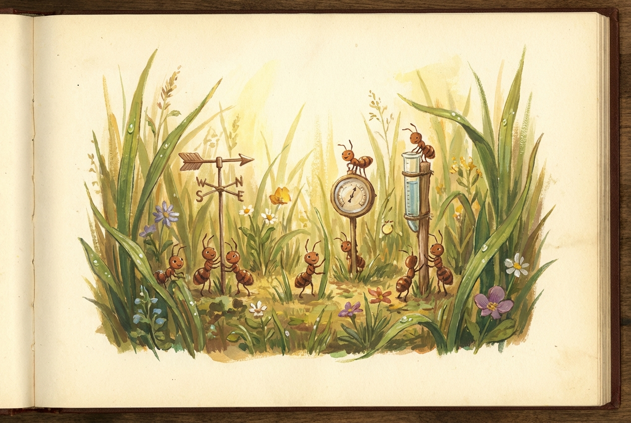 Illustrated ant weather chart pinned in a field notebook