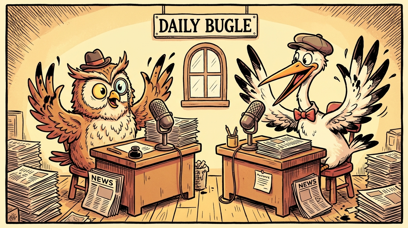 Illustrated dramatic cartoon birds in a newsroom