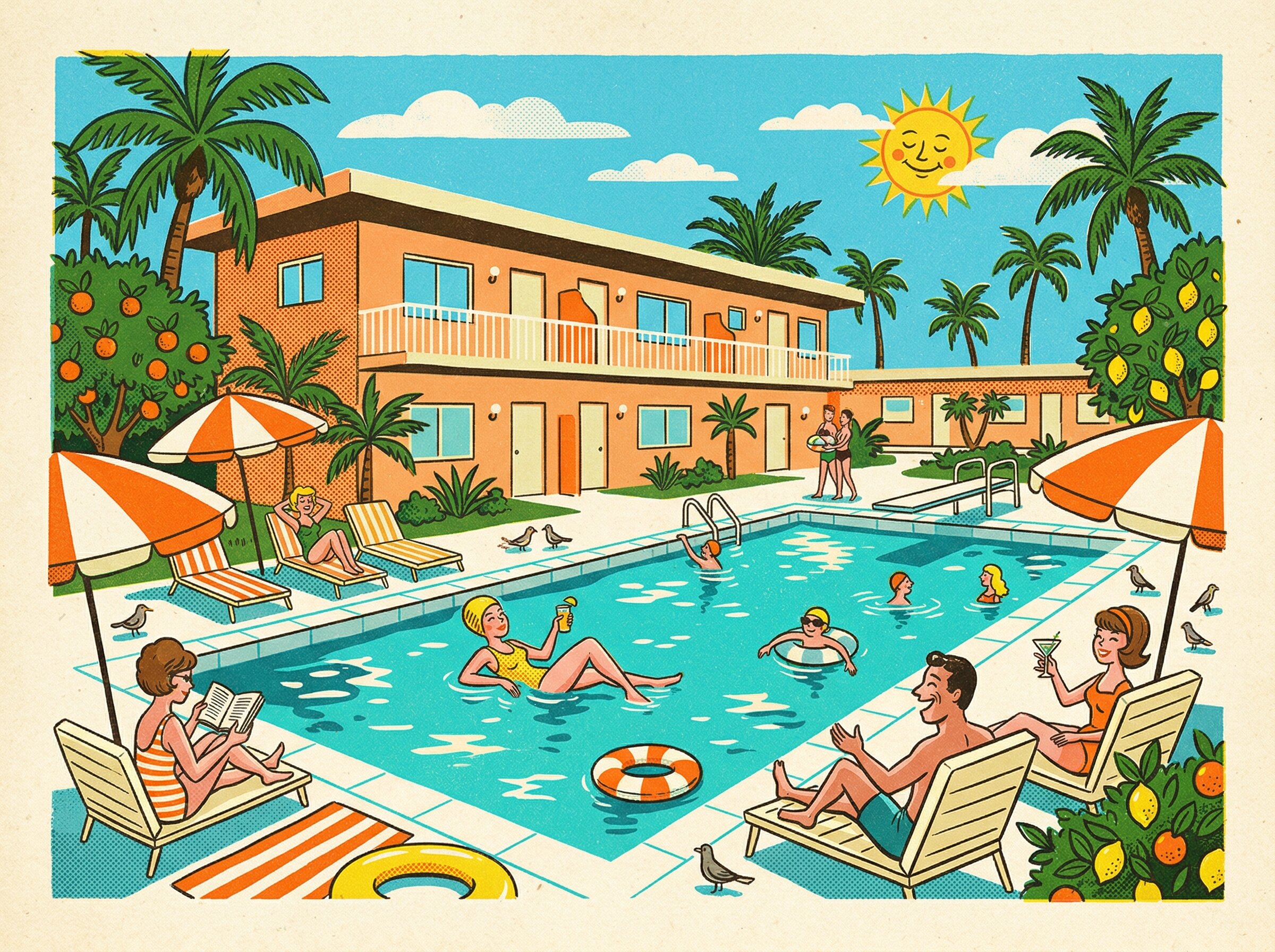 A bright fictional resort pool rendered like a vintage travel postcard.