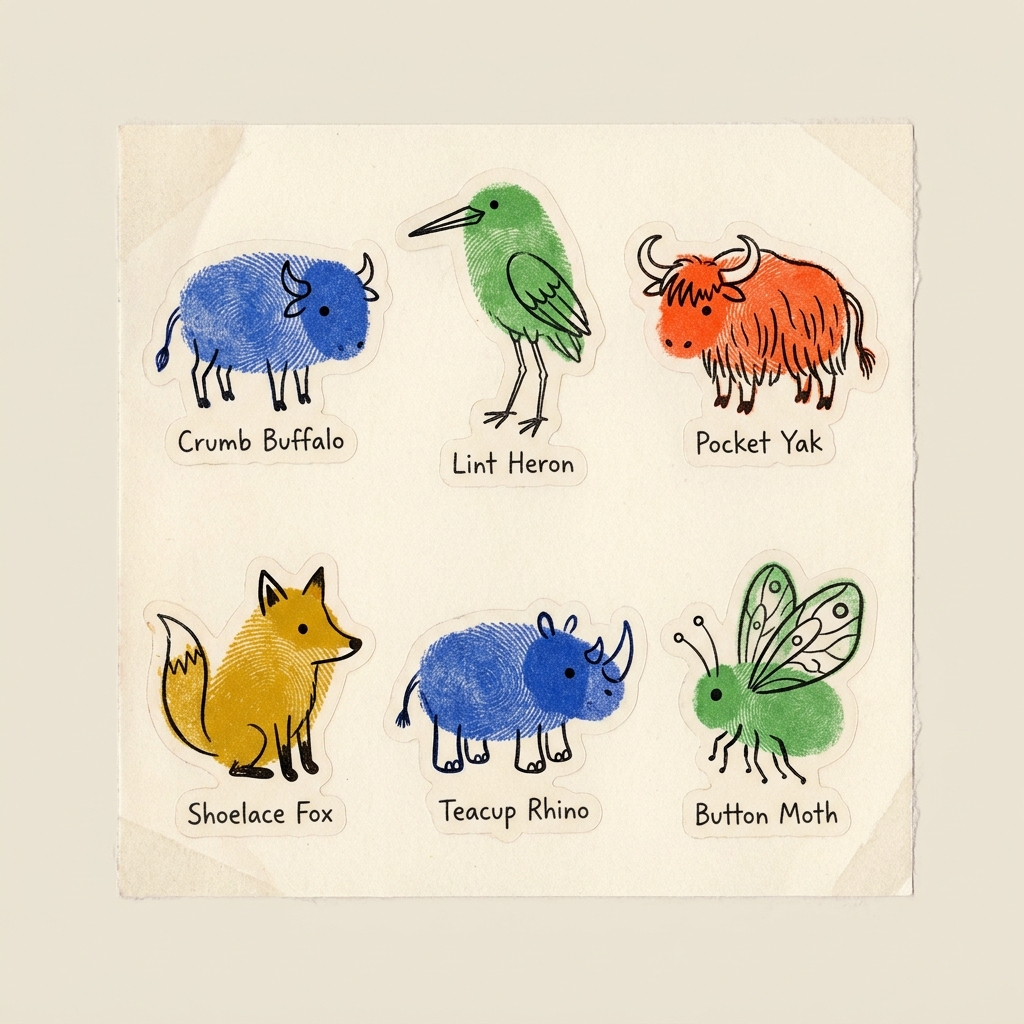 Risograph sheet of imaginary thumbprint animals