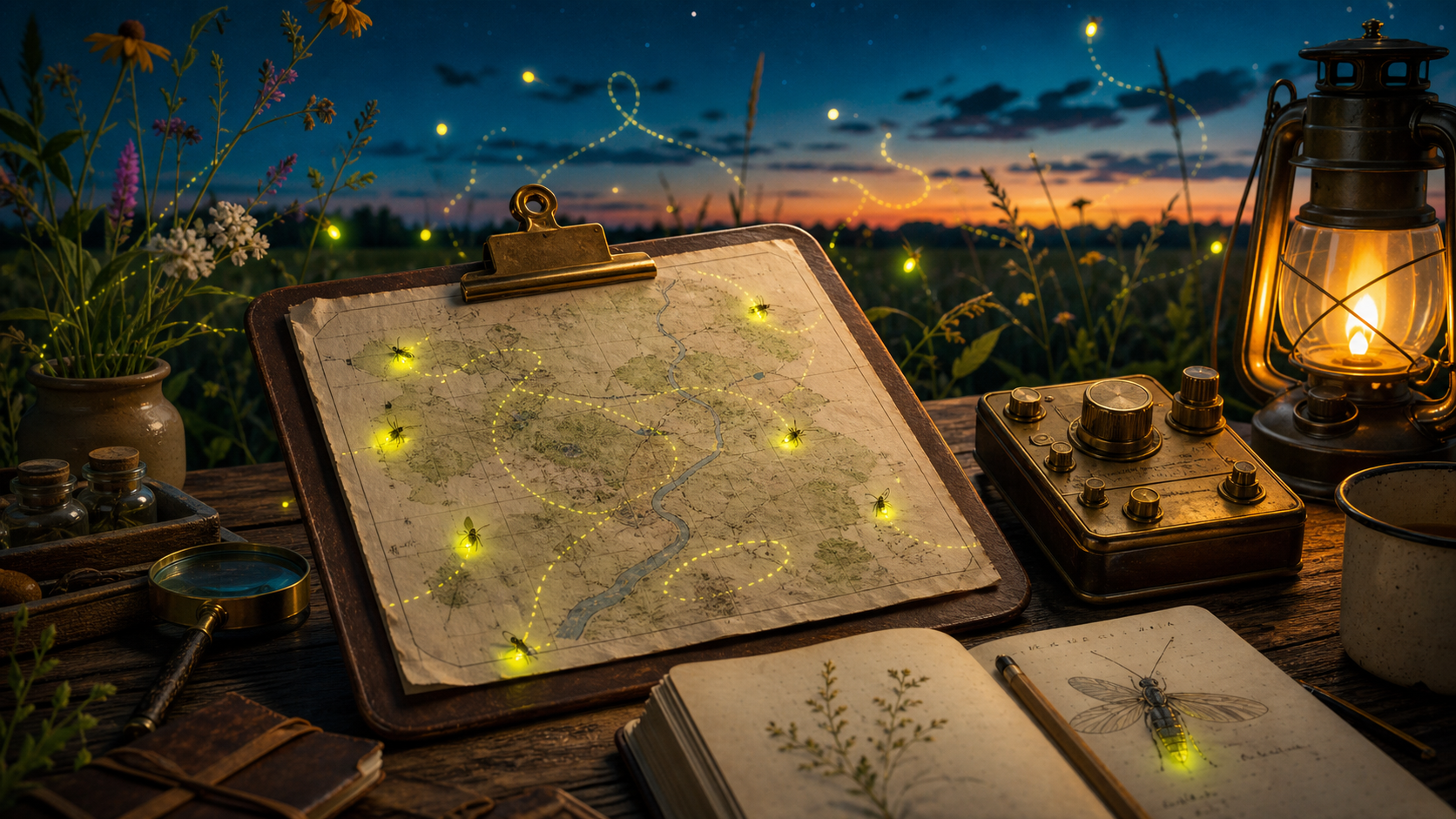 Illustrated dusk field desk with glowing firefly trails